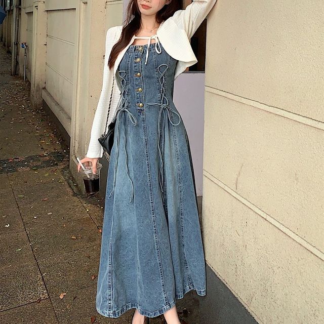 Long Sleeve Empire Waist Denim Dress Pickxy Open Front Light Jacket Spaghetti Strap Lace-Up Denim Long Sleeve Empire Waist Denim Dress Pickxy Open Front Light Jacket Spaghetti Strap Lace-Up Denim
