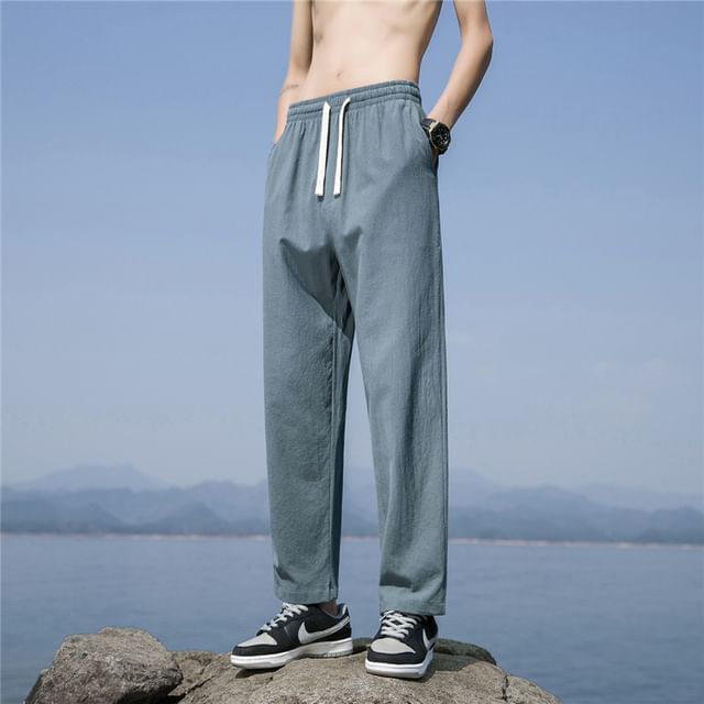YIKES-Drawstring Waist Plain Loose Fit Pants