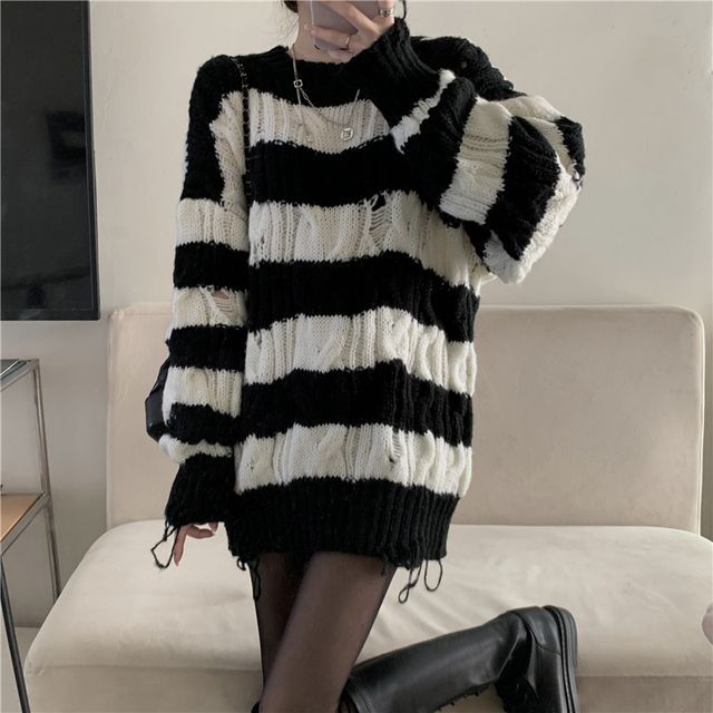 Gilmort-Round Neck Distressed Striped Sweater