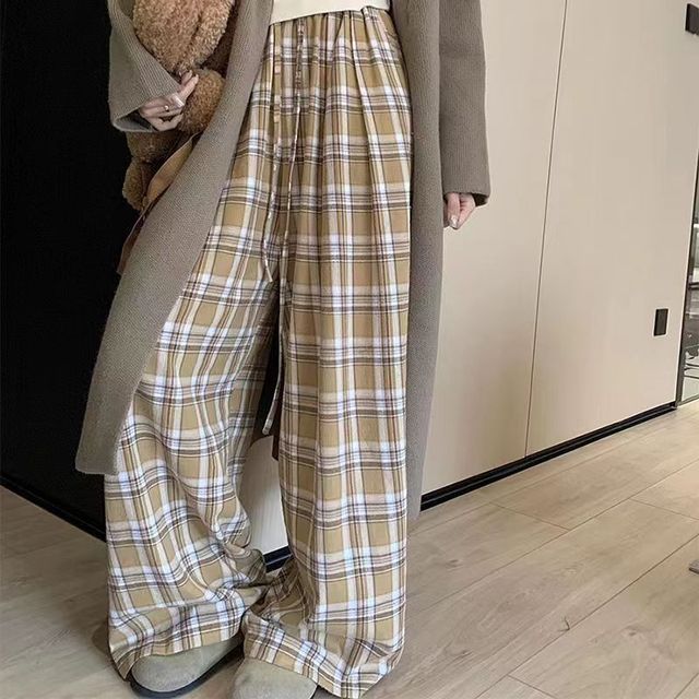 Everose-Drawstring Waist Plaid Wide Leg Pants