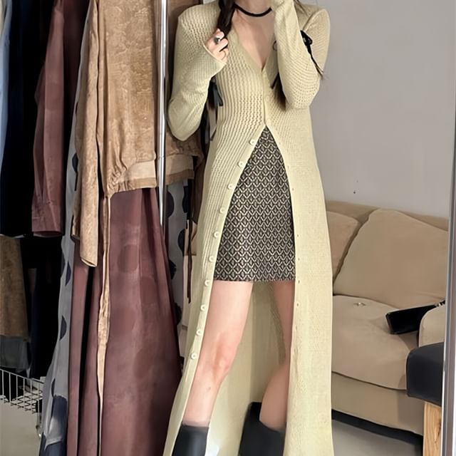 GOUB-Button-Up Plain Long Cardigan
