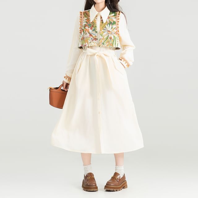 Keiko Girl - Mock Two-Piece Long-Sleeve Collared Floral Jacquard Panel  Button-Up A-Line Dress (Various Designs)