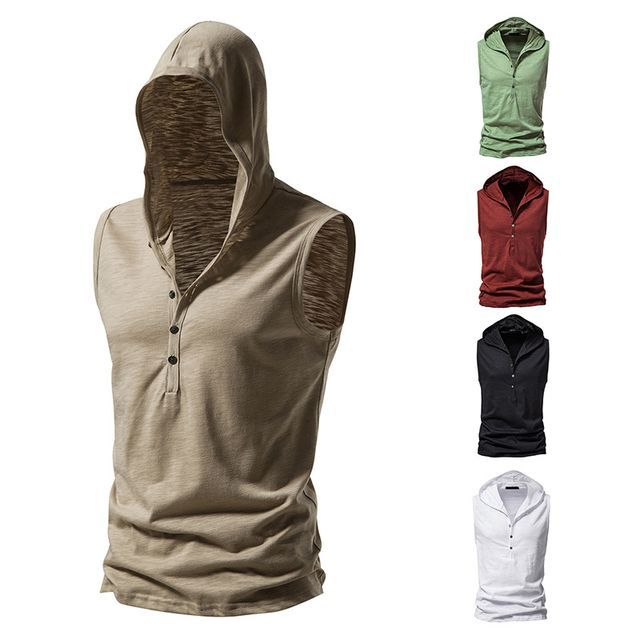 FORSETI-Sleeveless Hooded Henley Plain Top