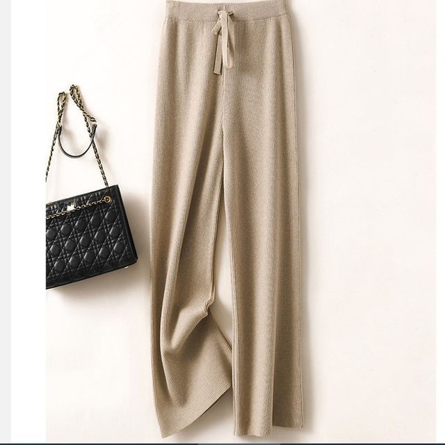 Whychunga-Drawstring Waist Plain Knit Wide Leg Pants