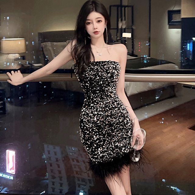 knee length dresses for ladies Ibiza Strapless Sequin Mini Dress main image 1