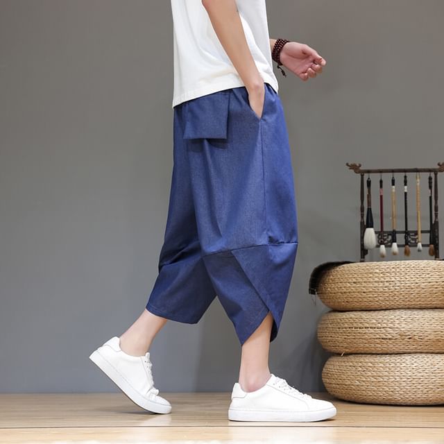 Ninine-Drawstring Waist Denim Capri Harem Pants
