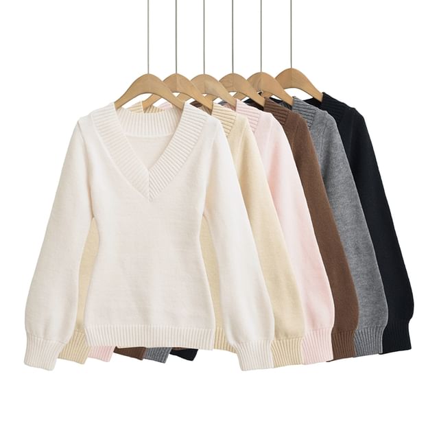 Ulark-Puff-Sleeve V-Neck Plain Sweater