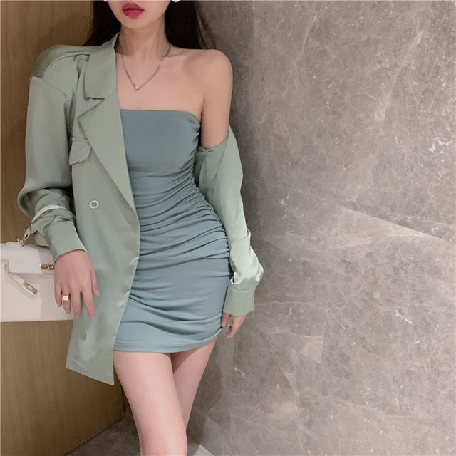 blazer with bodycon dress Faux Leather Blazer Midi – Double-Breasted Slim Fit Dress – Aclosy main image 1