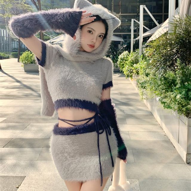 Hoodie Sweater Pencil Skirt Set Drindf Cable Knit Sweater Dress