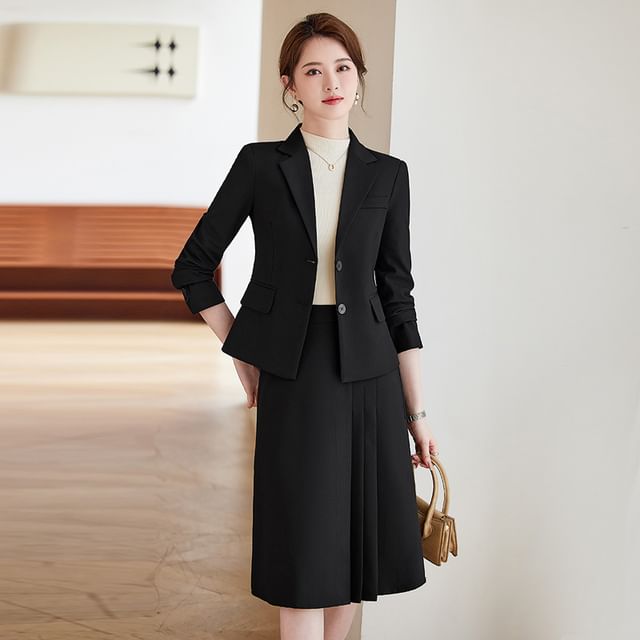 Skyheart-Lapel Collar Plain Single Breasted Blazer Mid Rise Plain Pleated A-Line Skirt Set