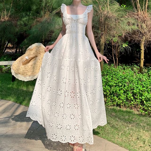 Cap-Sleeve Square Neck Eyelet Embroidered Slit Open Back Midi A-Line Dress