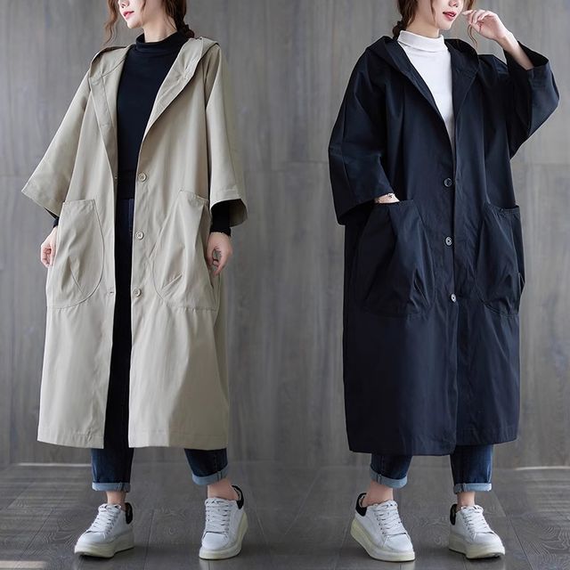 INEN-Plain Hooded Button-Up Jacket
