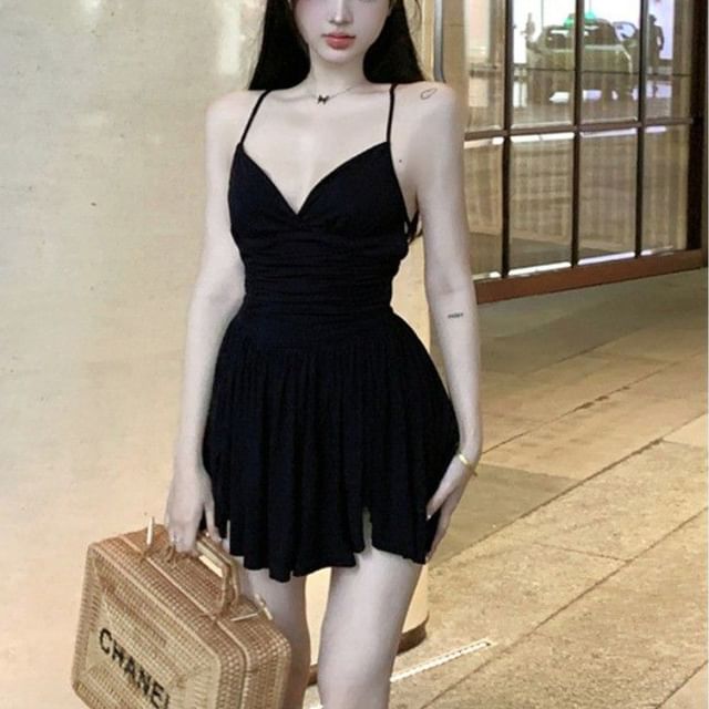 CRIBI-Spaghetti Strap V-Neck Plain Mini A-Line Dress