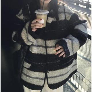 Kenning-Color Block Drawstring Hooded Fleece Button Jacket