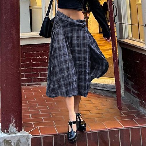 ARAYDE Buckle Plaid Midi A-Line Skirt YesStyle