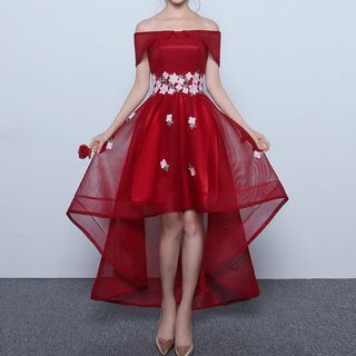 red off the shoulder high low dress