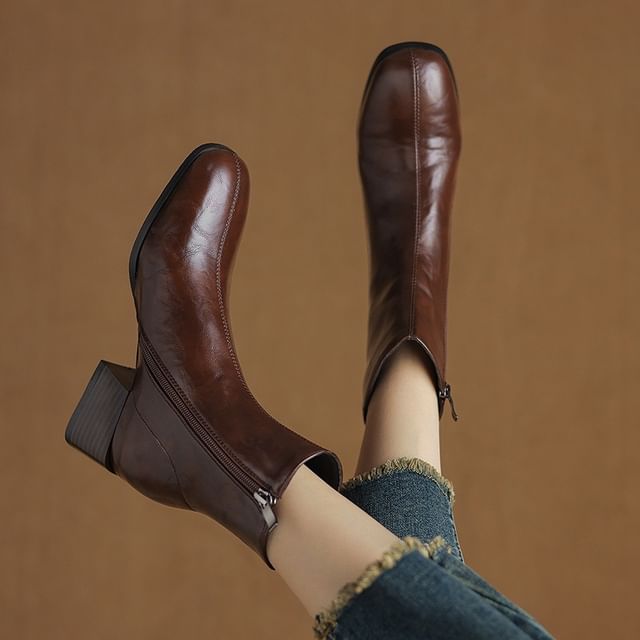 Cinnabelle-Square toe Zip Block Heel Short Boots