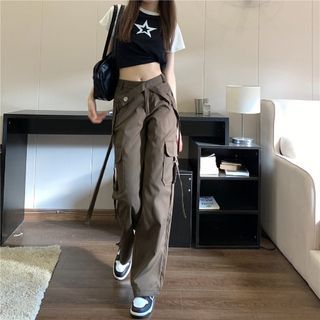 Mid Waist Plain Loose Fit Cargo Pants