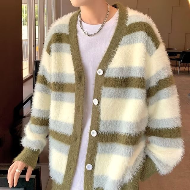 Urtishia-V-Neck Color Block Fluffy Button-Up Cardigan