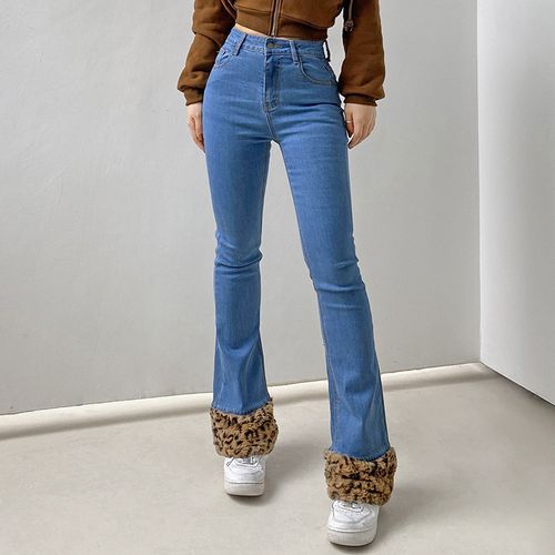 BrickBlack - Fluffy Leopard Print Trim Boot-Cut Jeans | YesStyle