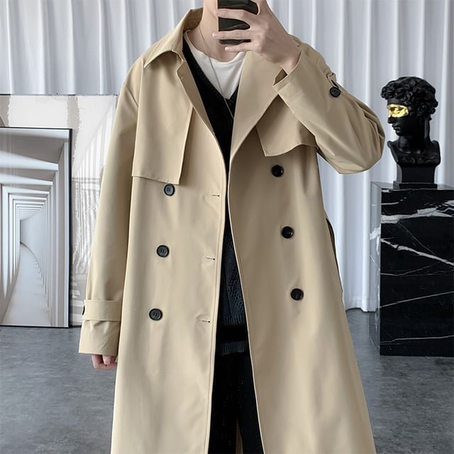 Bay Go Mall-Collared Plain Double Breasted Trench Coat
