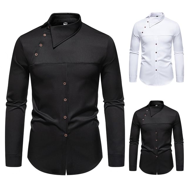 Sheck-Long-Sleeve Asymmetrical Collar Plain Buttoned Shirt
