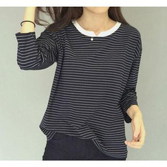 QZ Lady - Notched Collar Striped Long-Sleeve T-Shirt