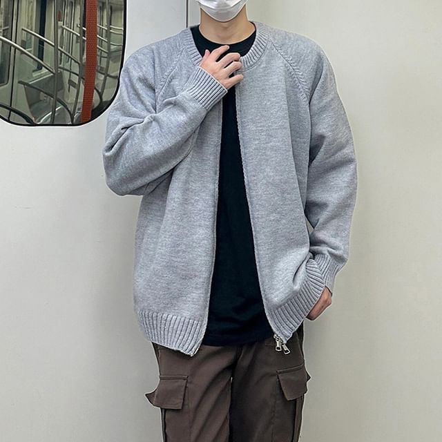 ROOSE-Round Neck Plain Zip Cardigan