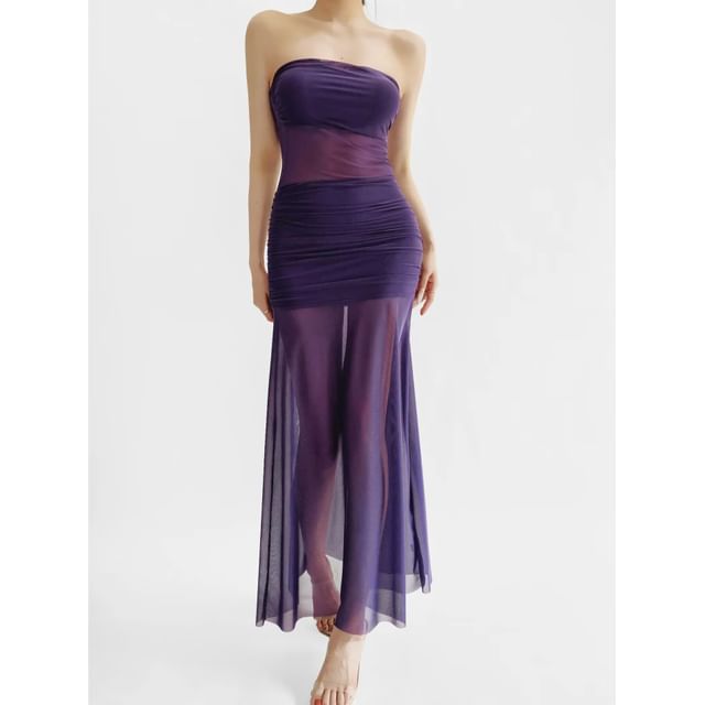 Asiris-Strapless Plain Mesh Maxi Mermaid Dress