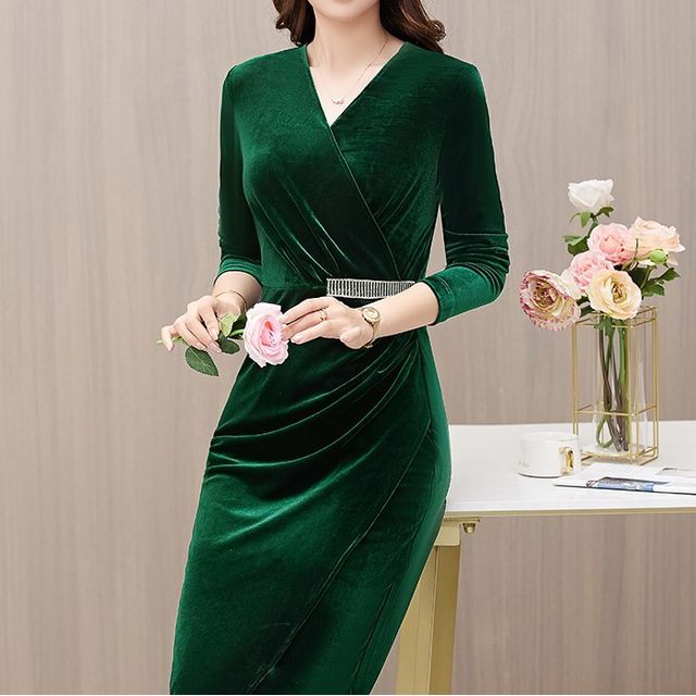 knee length dresses for ladies Burgundy Velvet Wrap V Neckline Midi Dress main image 1