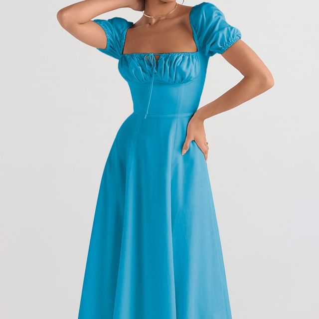 Lexama-Spaghetti Strap Plain Side-Slit Midi Sundress