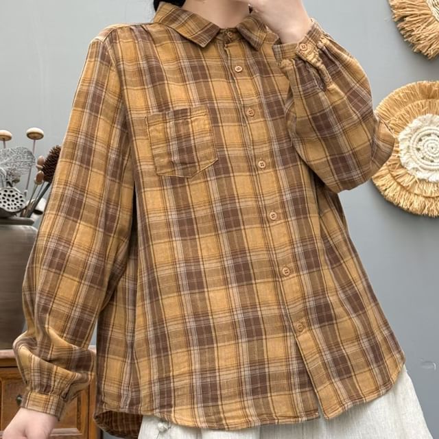 PANDAGO-Long-Sleeve Plaid Shirt