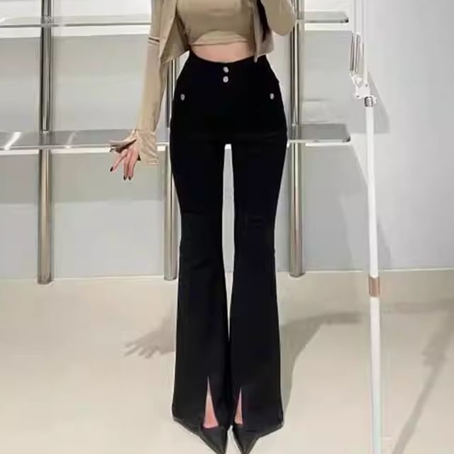 Coris-High Rise Slit Washed Bootcut Jeans