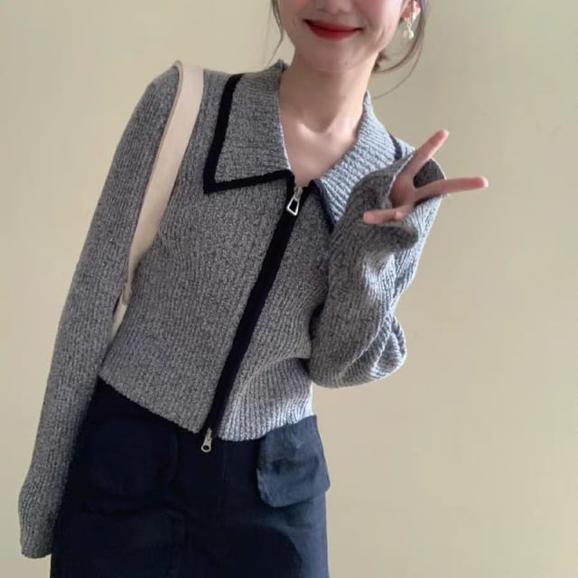 Happo-Collared Contrast Trim Ribbed Zip Cardigan