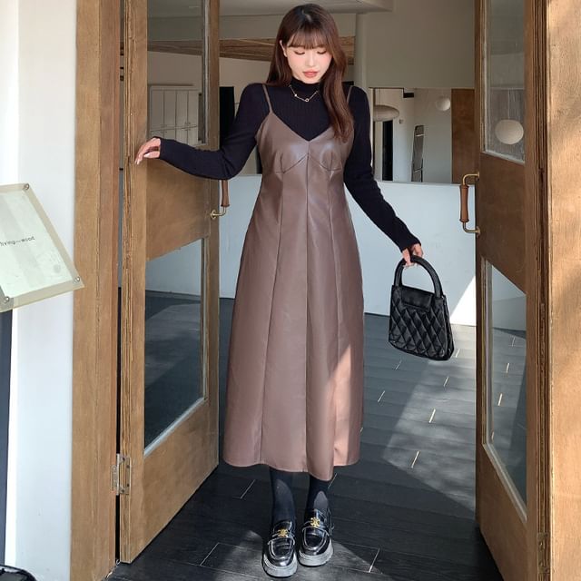 chinese dress ladies Immitation Leather Dungaree Dress