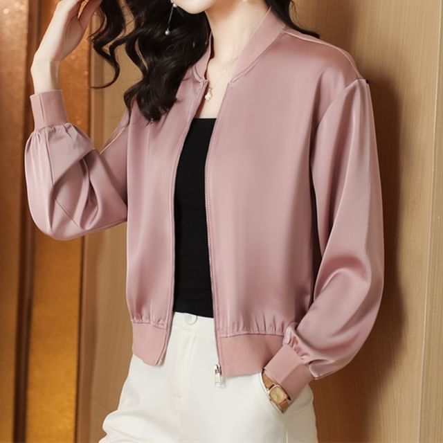 Omibayo-Plain Zip Bomber Jacket