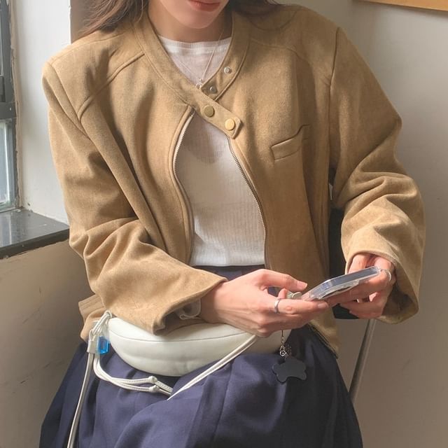 Coris-Plain Faux Suede Zip Jacket