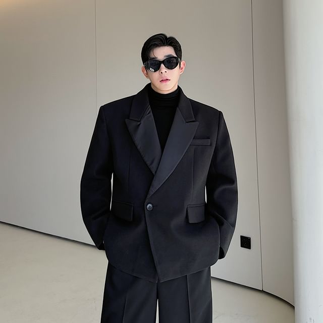 Freehop-Lapel Collar Plain Single Button Blazer