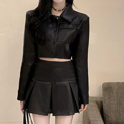 SUGARUS - Faux Leather Button Jacket / Pleated Skirt