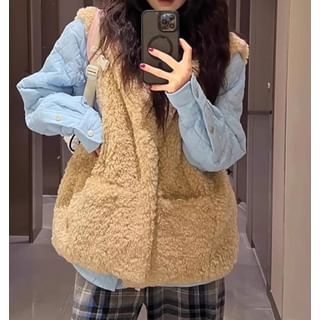 Trendycas-Fleece Plain Zip Vest Plain Padded Button Jacket Mid Waist Plaid Wide Leg Pants