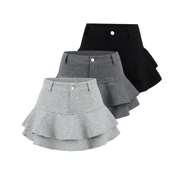Ulark-High Rise Plain Layered Ruffle Mini A-Line Skirt