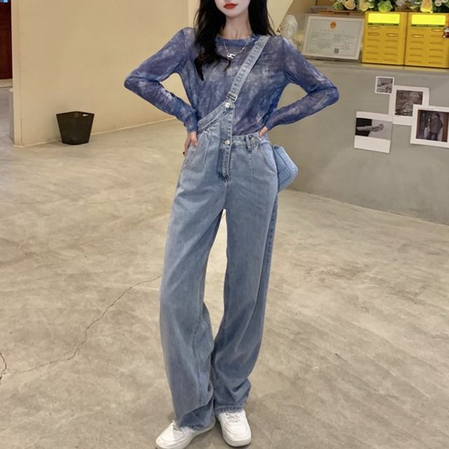 Yako Long-Sleeve Tie-Dye Sheer Top Asymmetrical Denim Jumpsuit