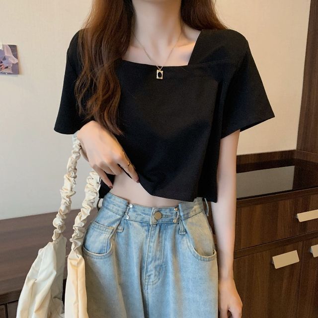 Shinsei-Short-Sleeve Square Neck Plain T-Shirt