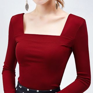 red square neck long sleeve top