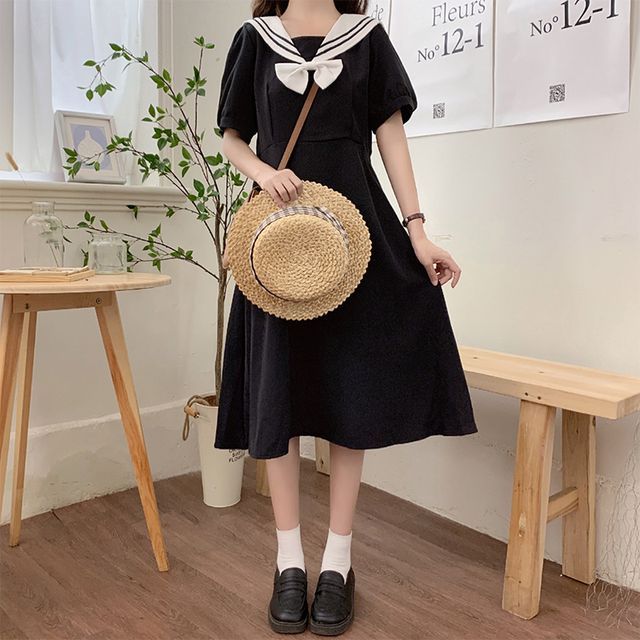 ZENME Short-Sleeve Sailor Collar Bow Midi A-Line Dress YesStyle