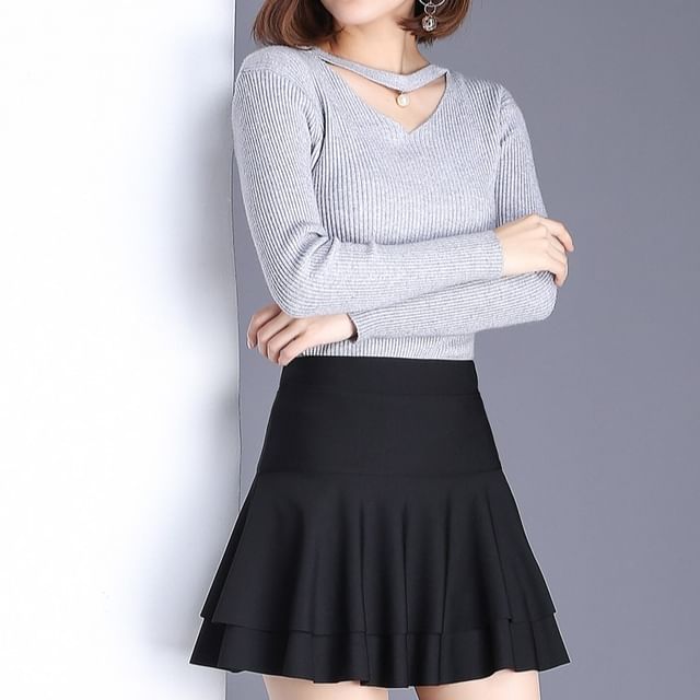 Woohan-High Waist Tiered Mini A-Line Skirt