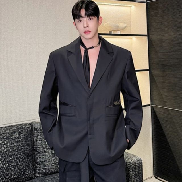 Freehop-Notch Lapel Plain Mesh Panel Single-Breasted Blazer