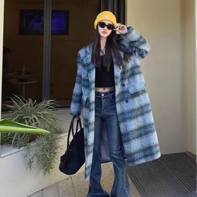 Everose-Collared Plaid Midi Double Breasted Tie Front Coat