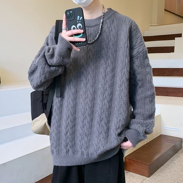 Bay Go Mall-Crew Neck Plain Cable Knit Sweater
