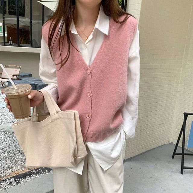 Beaustreet-V-Neck Button-Up Plain Sweater Vest